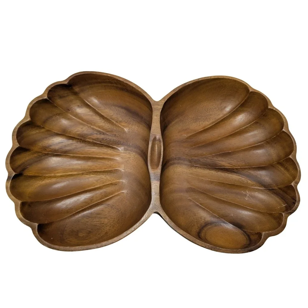 Vtg MCM Monkeypod‎ Wood Double Clam Shell Serving Tray Hand Carved Philippines